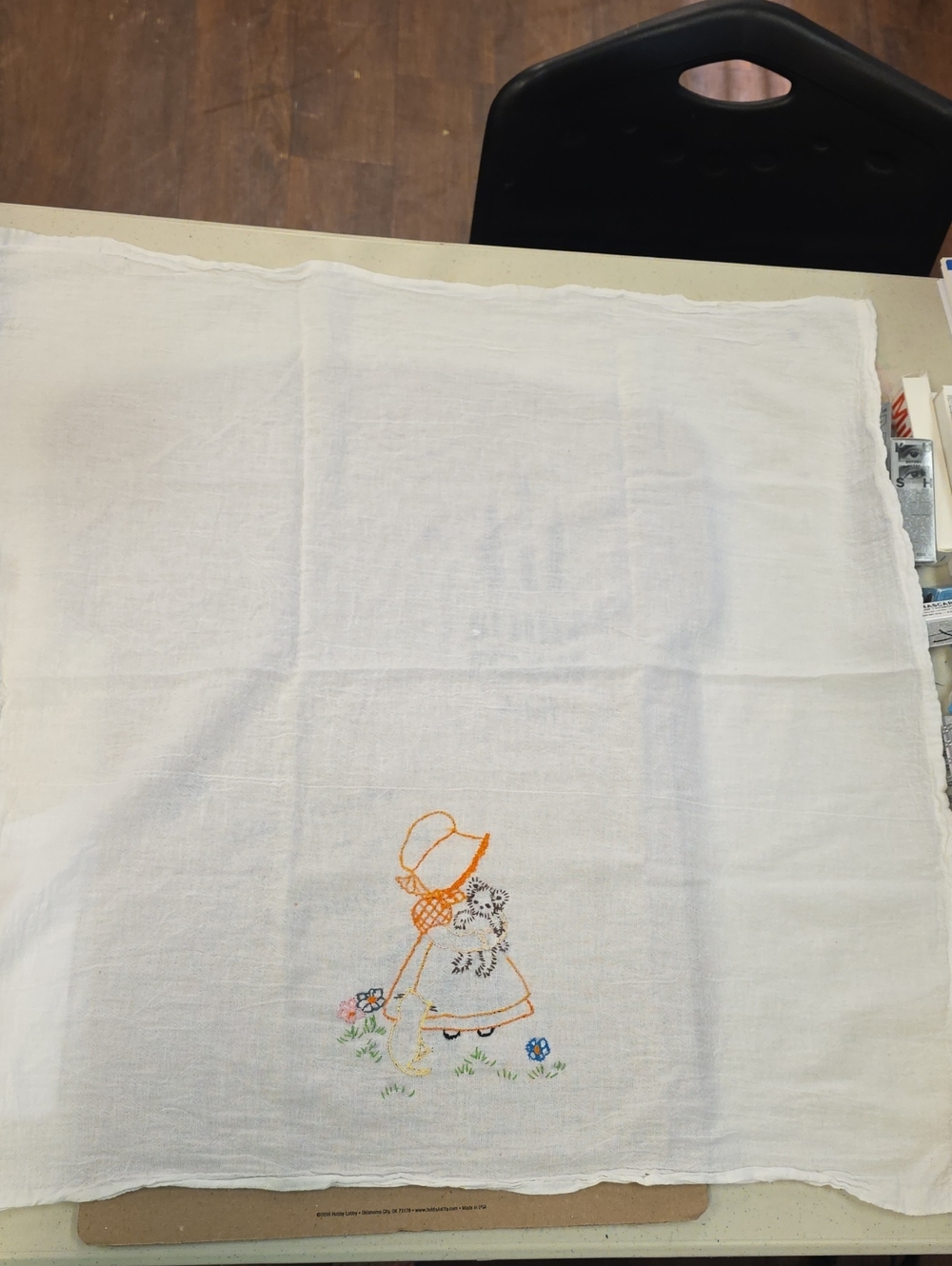 Embroidered Sunbonnet Girl White Tea Towel with Orange Accent